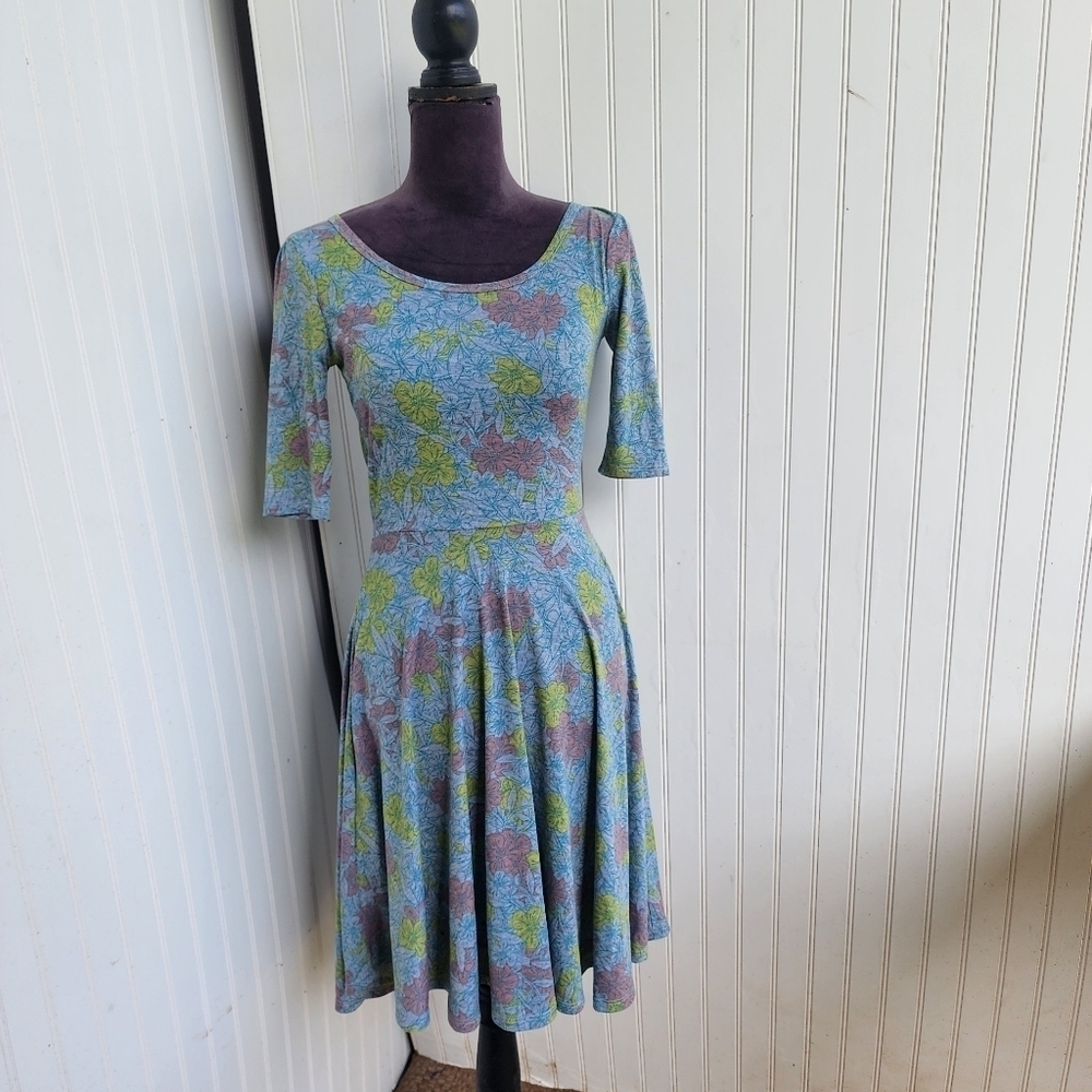 Lularoe Womens Blue Gray Elbow Sleeve Fit & Flare Dress Scoop Neck Stretch Sz XS